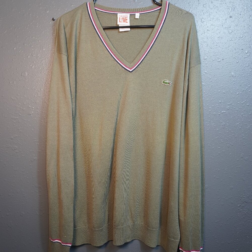 Lacoste Live Mens Olive V Neck French Striped Sweater Size 7 US XL